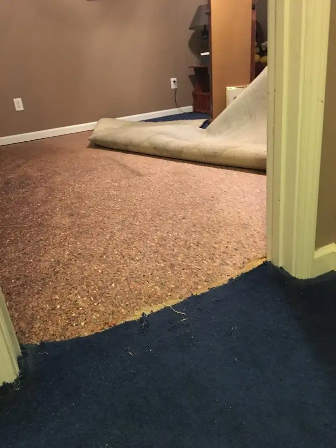 Carpet pad removal revealing water damage during Water Mitigation Services in Conyers